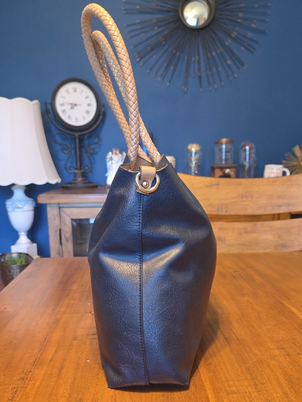 Classic Black Tote Bag with Braided Tan Handles - Picture 2 of 16